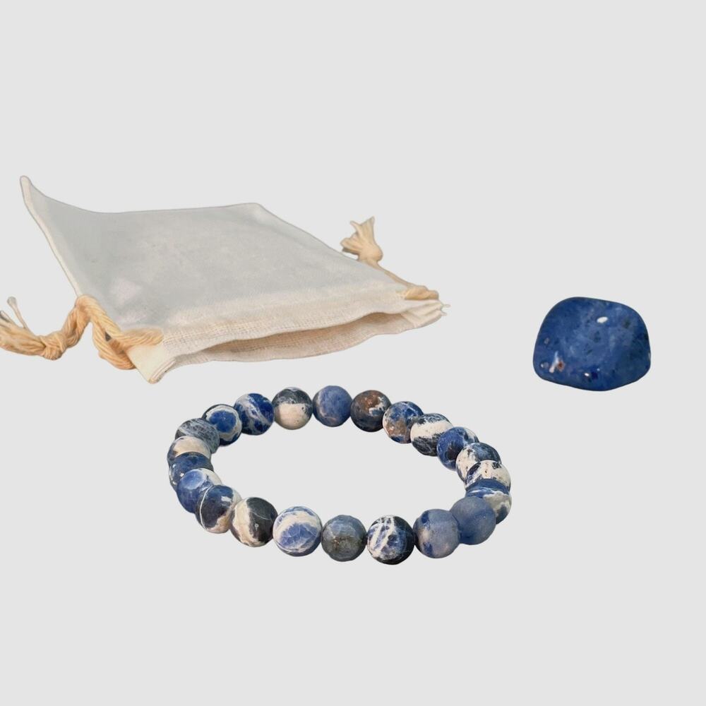 Sodalite Chakra Bracelet Beads Matte Elastic Stretch Tumbled Stone, Gift Pouch